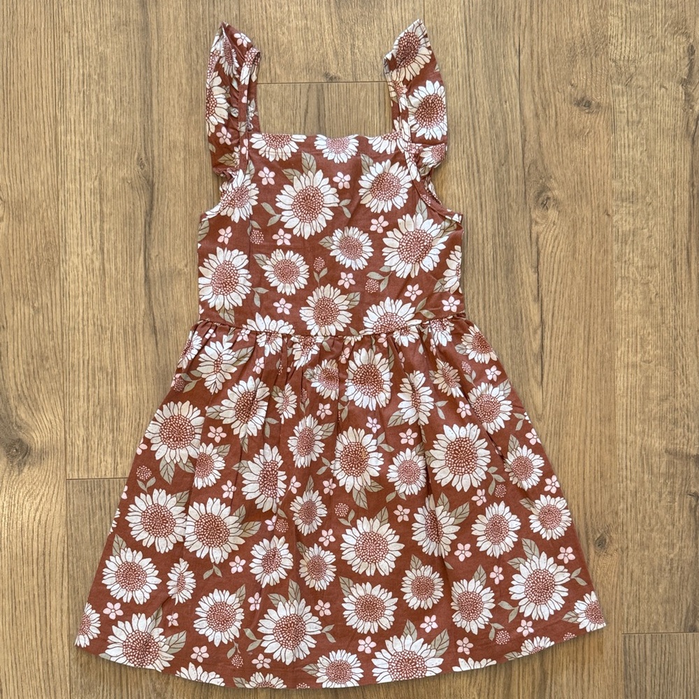Floral Sunflower Kids Dress - Brown, Pink and White